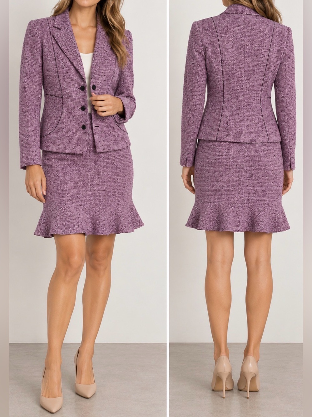 Kasper Purple Tweed Skirt Suit Blazer Ruffle Hem 2 Piece Women’s Size 6
